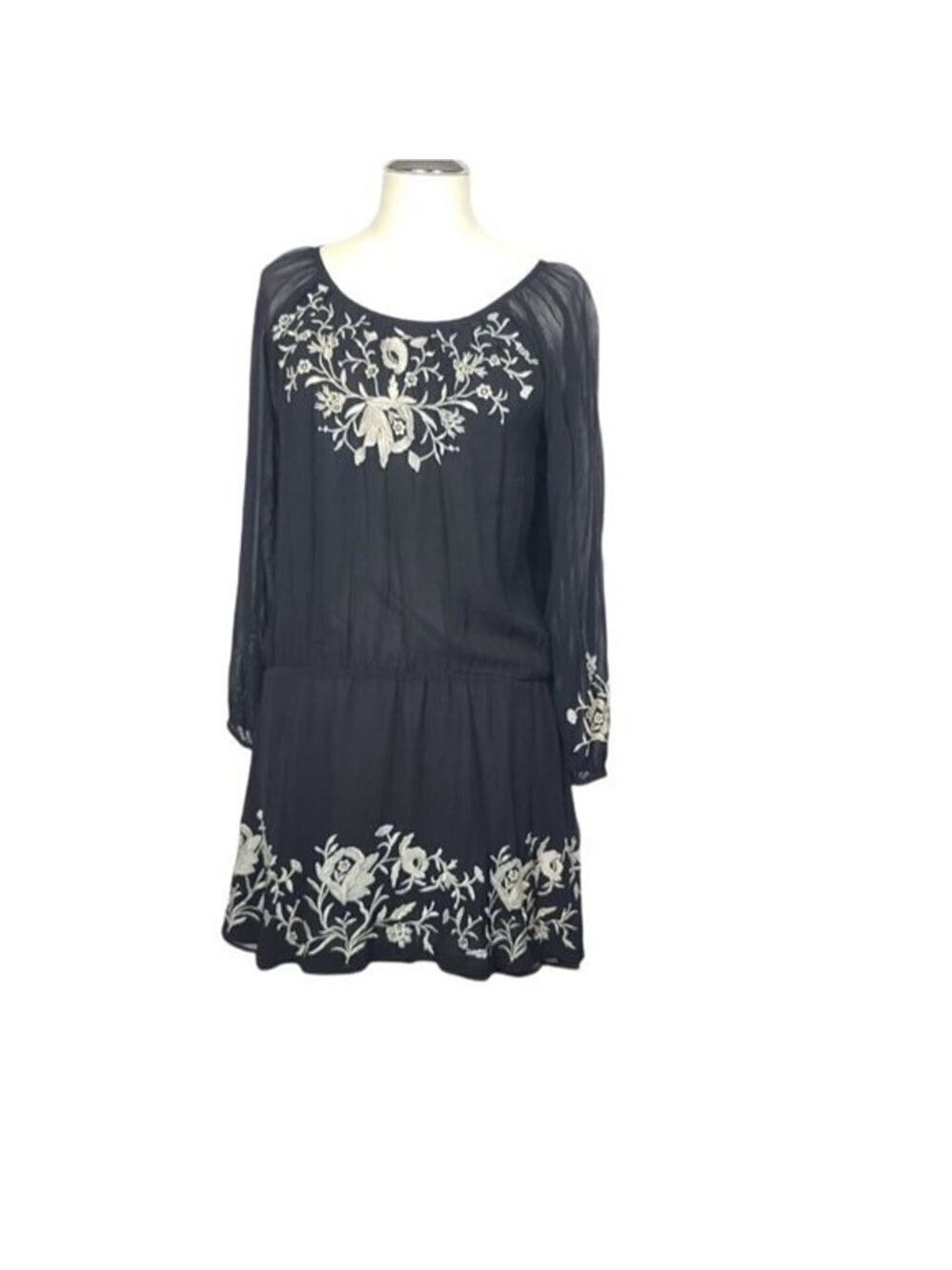 Joie Avanta Drop Waist Floral Embroidered Blouson Sheer Long Sleeve Mini Dress